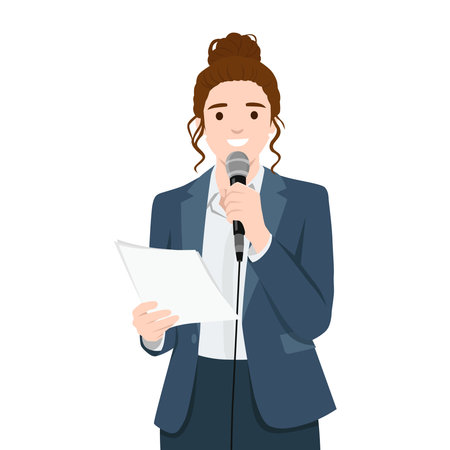 Professional woman holding a microphone and reading from a paper, representing public speaking. Flat vector illustration isolated on white backgroundのイラスト素材