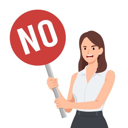 Angry woman holding NO sign, rejecting decision, protest gesture. Flat vector illustration isolated on white backgroundのイラスト素材