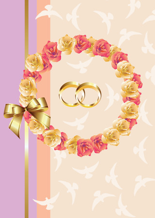 Wedding invitation/greeting card - roses, doves and golden rings.のイラスト素材
