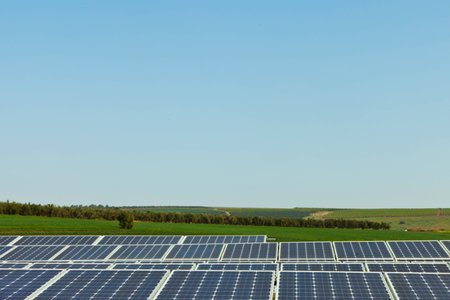 Solar Panels with nature and clear sky backgroundの写真素材