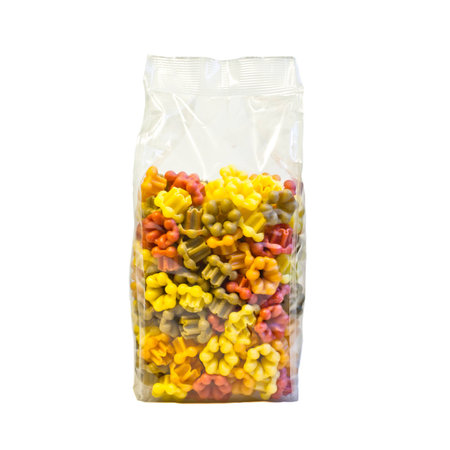 Fiori Flower shaped pasta in four colours, in a plastic bagの写真素材