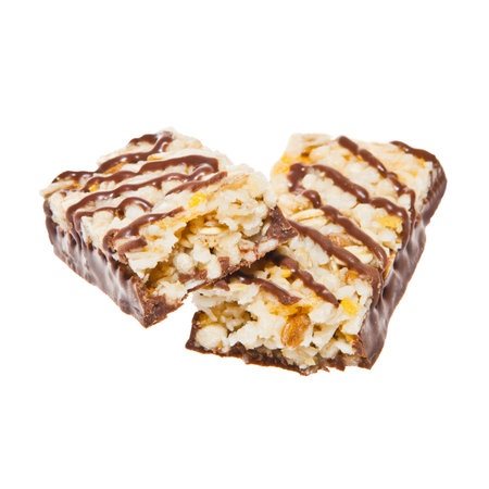 Granola bar with coconut flakes in mile chocolateの写真素材