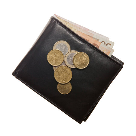 Black leather wallet with euro notes and coins の写真素材