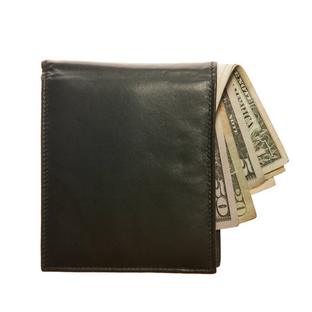 Black leather wallet with dollar notes の写真素材