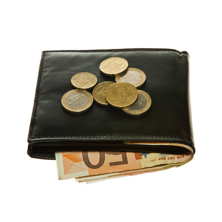 Black leather wallet with euro notes and coins の写真素材