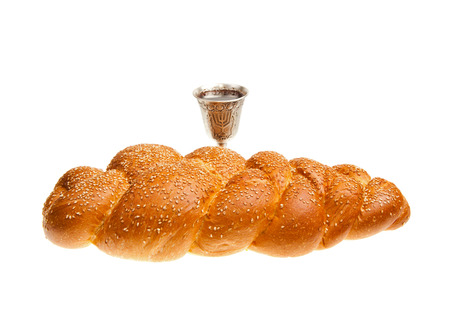 Challah and Silver Kiddush cup for Jewish Sabbath の写真素材