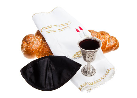 Challah Silver Kiddush cup and Yarmulke for Jewish Sabbath の写真素材
