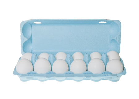 A dozen eggs in a blue cardboard boxの写真素材