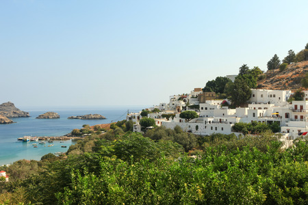 white houses and Blue bay of Lindos, Rhodes - Greece.のeditorial素材