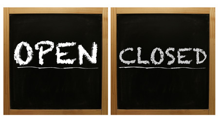 Open and Closed signs on framed blackboard