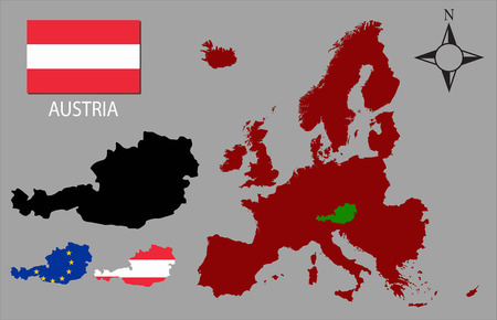 Austria - Three contours, Map of Europe and flag vectorのイラスト素材
