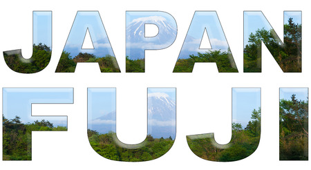 Japan and Fuji written with Mount Fuji 3D covered lettersの写真素材