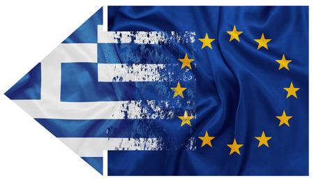 Greece and E.U flags on silk texture with an arrow