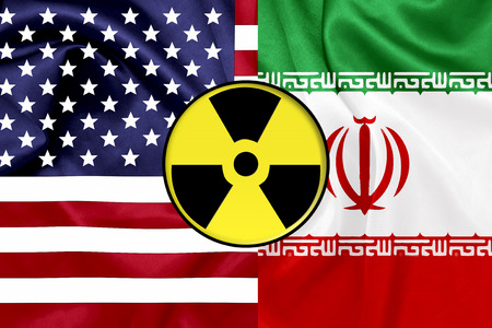 Flags of United States and Iran with Nuclear iconの写真素材