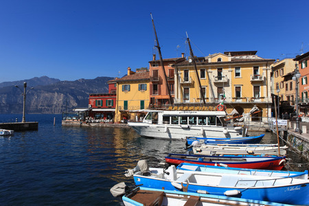 View of Malcesine town center and small portのeditorial素材