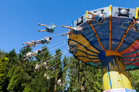 High speed carousel with park visitors during a ride at Walibi theme park.のeditorial素材