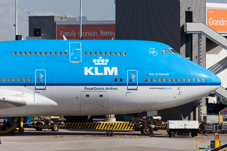 KLM Boeing 747 parked at Amsterdam's Schiphol airport, KLM's home airport.のeditorial素材