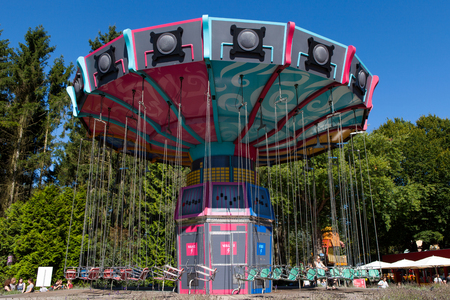High speed carousel with park visitors during a ride at Walibi theme park.のeditorial素材