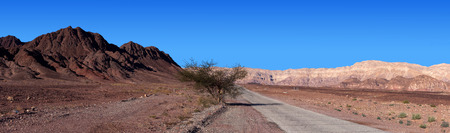 Empty desert road with mountains and blue sky in the backgroundの写真素材