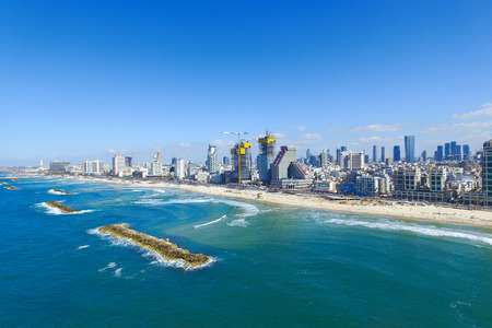 Tel Aviv Coastline, Over the mediterranean sea - Aerial imageの写真素材