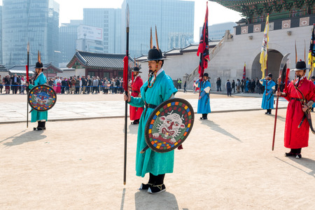 Royal guards in traditional clothing, during the opening and Closing of the Royal Palace Gates and Royal Guard Changing Ceremony.のeditorial素材