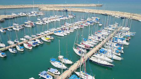 Large marina with various Yachts and boatsの写真素材