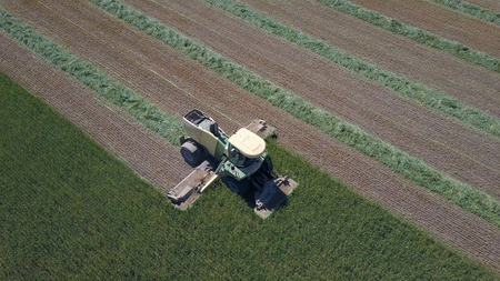 Combine harvester in a green field - Aerial imageの写真素材