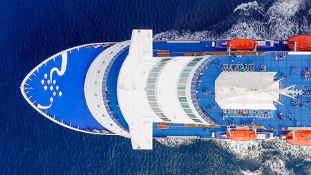 Large Cruise ship bow heading to the open sea.の写真素材