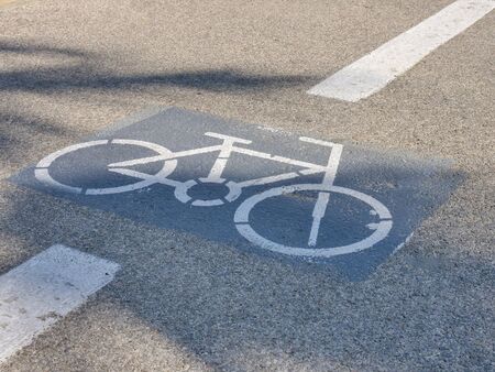 White Bicycle lane mark on an Asphalt road with palm tree shade.の写真素材