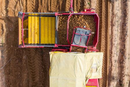 Large Potato Harvester pulled by a Tractor processing a filed, with ripe Potatoes dropping from...