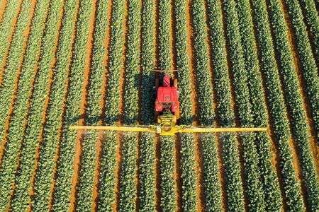 Pesticide Sprayer Tractor working on a large field.の写真素材