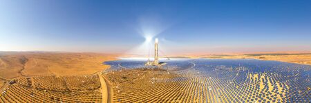 Aerial view of a Solar power tower and mirrors.の写真素材