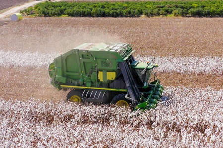 Aerial image of a Large Cotton picker harvesting a field.のeditorial素材
