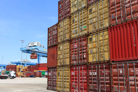Shipping Containers stacked at a holding platform.のeditorial素材