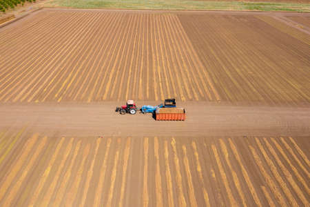 Almond picker harvester discharging, Aerial view.の写真素材