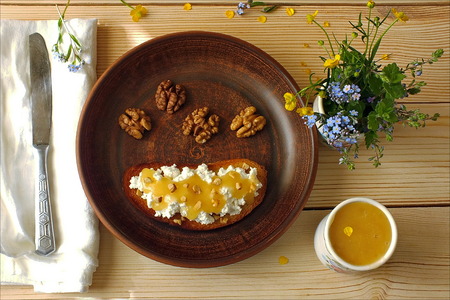 Toast with cheese and honeyの写真素材