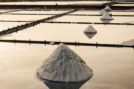 Salt piles concentrated in Taiwan's traditional salt pan at dusの写真素材
