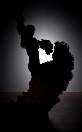 Silhouette of flamenco dancer in dress on dark backgroundの写真素材