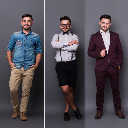 Three different photos of one and the same man are organized into one picture. Short-haired man smiling in different wearings.の写真素材