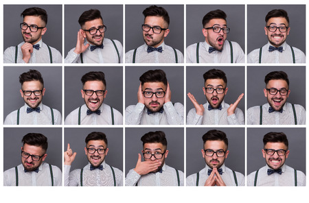 Collage of young hipster man with different facial expressions. Set of handsome emotional man showing several expressions isolated on grey background.