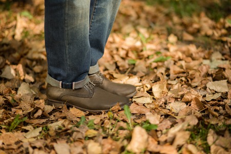 Man's legs on autumn leaves outdoors. Man in jeans and boots walking alone along the path in the...