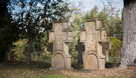 Graves near the Cathedral of the Transfiguration of the Saviour. Orthodox graves og monks and...