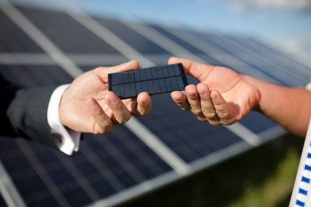 Close up view of photovoltaic item, solar panel in backstage.