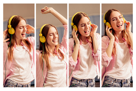 Photo collage of images with young girl listening music wearing headphones.
