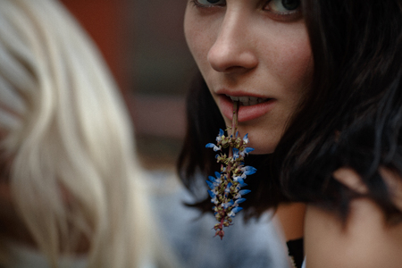 Tempting brunete holding flower on lips and posing on camera. Her blonde friend stay nearby.の写真素材