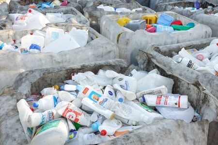 Plastic Bottles From Cleaning Supplies. Sorted Plastic From Cleaning Supplies At The Recycling...