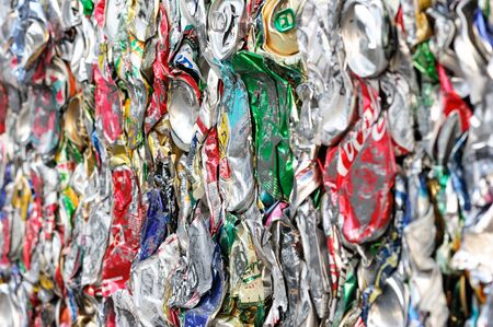 Pressed Cans From Soft Drinks. Close-Up Of Pressed Together Metal Cans From Soft Drinks. Recycling...