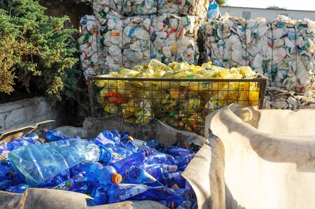 Plastic Bottles of Fanta Sorted By Colors In Metal Containers At Recycling Plant. Blue, Yellow And...