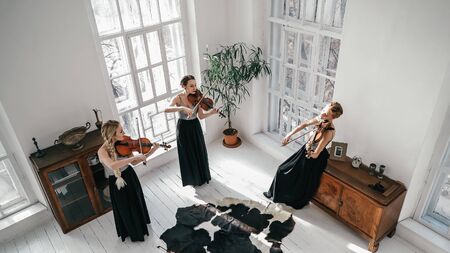 Three Women In Beautiful Dresses Are Playing Musical Instruments Inside Large And Bright Room With Big Windows.の写真素材