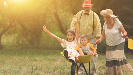 The Old Lady And Gentleman Are Pushing Their Grandchildren In A Wheelbarrow.Funny Girl Raised Her Hands Up. Concept Of A Happy Vacationの写真素材
